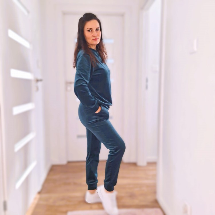 Komplet welurowy, spodnie i bluza, ciemny zielony