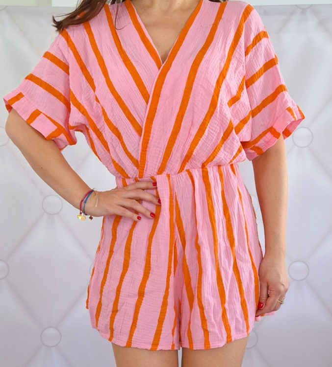 Kombinezon muślinowy w paski, różowo-pomarańczowy