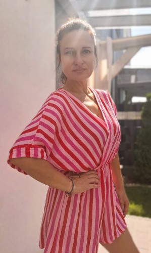 Kombinezon muślinowy w paski, czerwono, różowo fuksjowy