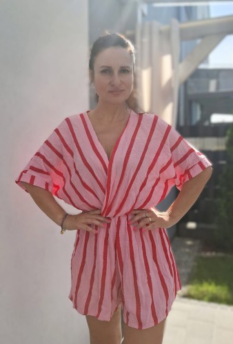Kombinezon muślinowy w paski, różowo-czerwony