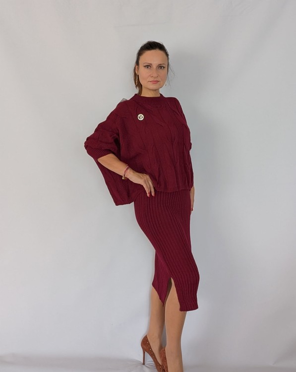 Komplet dzianinowy ze spódnicą midi, bordowy (id: 438)