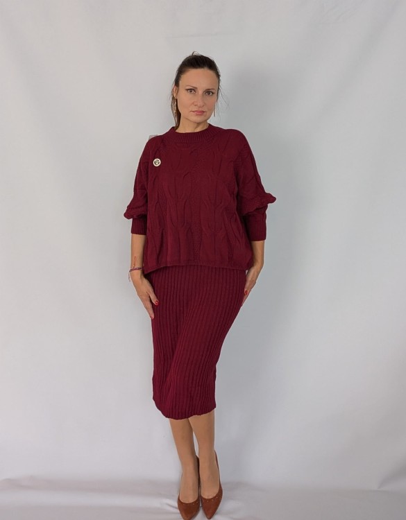 Komplet dzianinowy ze spódnicą midi, bordowy (id: 438)