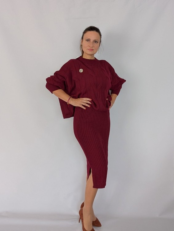 Komplet dzianinowy ze spódnicą midi, bordowy (id: 438)