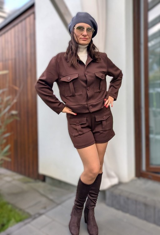 Komplet krótka kurtka oraz szorty- niezwykły komfort z wiskozy brąz
