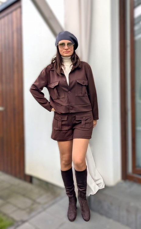 Komplet krótka kurtka oraz szorty- niezwykły komfort z wiskozy brąz