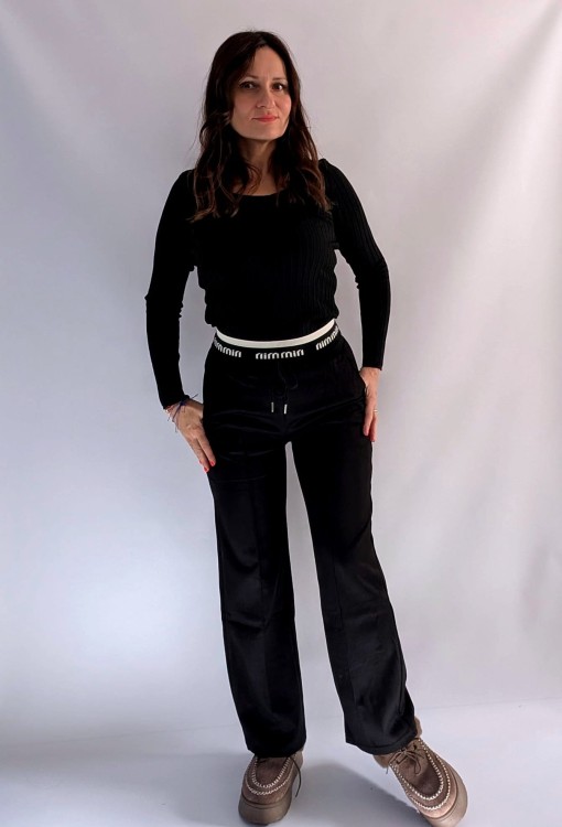 Spodnie dresowe wide leg z szerokim pasem z napisem czarne