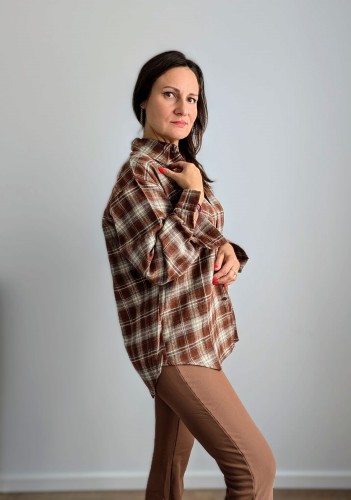 Koszula bawełniana w kratę brązowo kremową