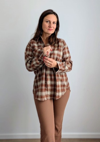 Koszula bawełniana w kratę brązowo kremową