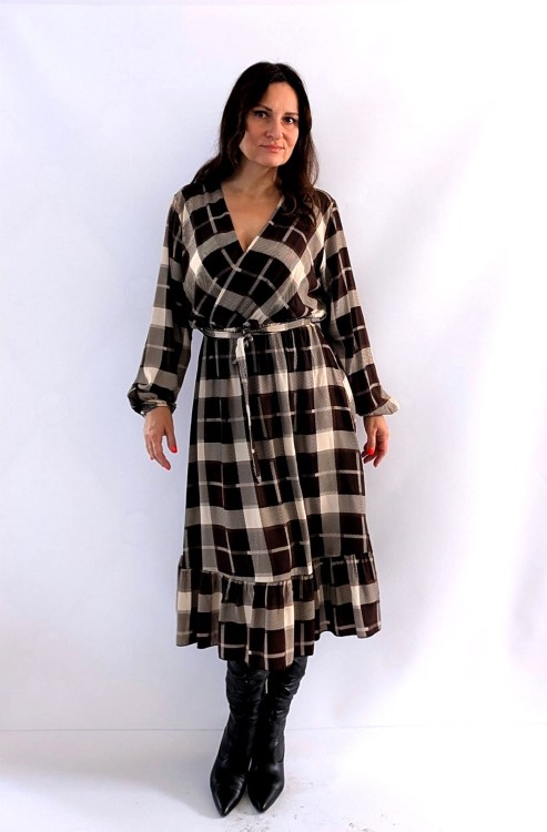 Sukienka w kratkę z falbanką brązowo beżowa wzór 1