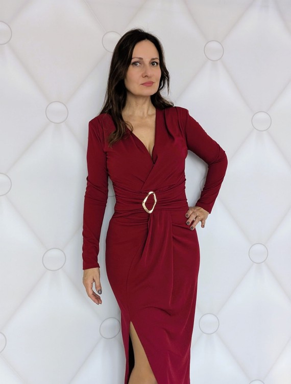 Elegancka sukienka midi ze złotą klamrą burgund (id: 579)
