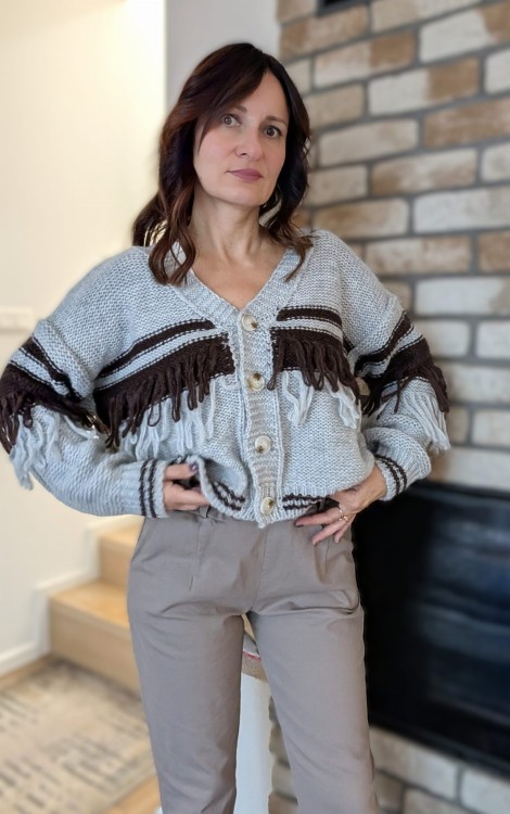 Sweter rozpinany z frędzlami szaro czekoladowy (id: 593)