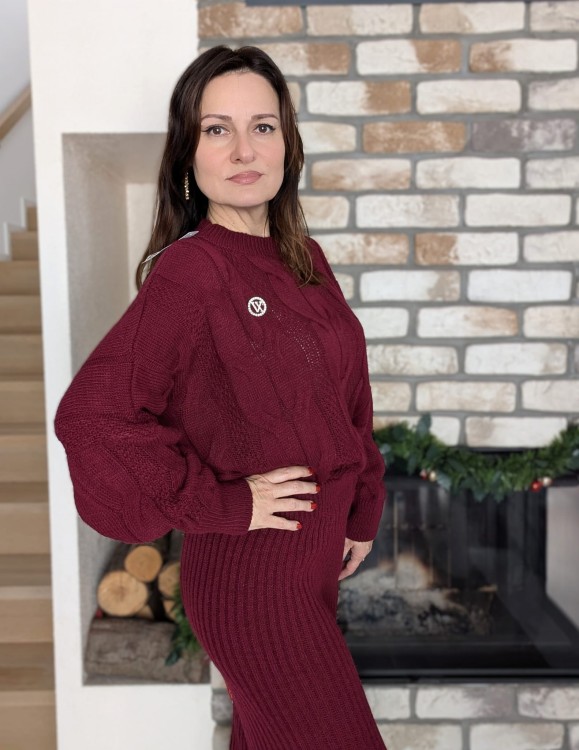 Komplet dzianinowy ze spódnicą midi, bordowy (id: 438)