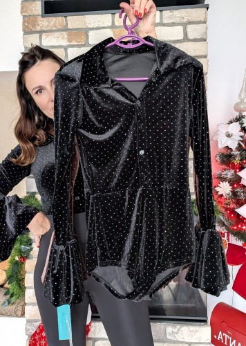 Eleganckie welurowe body z długim rękawem i ozdobnymi kryształkami czarne (id: 652)