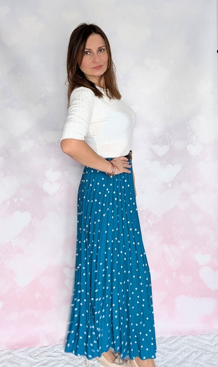 Plisowana spódnica maxi w grochy głęboki turkus
