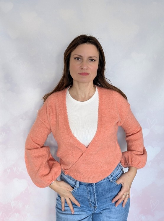 Sweter kopertowy zapinany łososiowy pomarańcz
