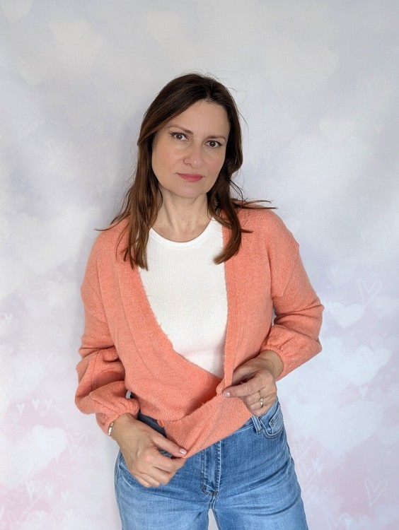 Sweter kopertowy zapinany łososiowy pomarańcz