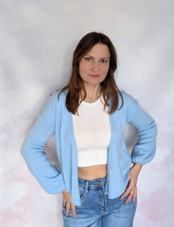 Sweter kopertowy zapinany łososiowy niebieski