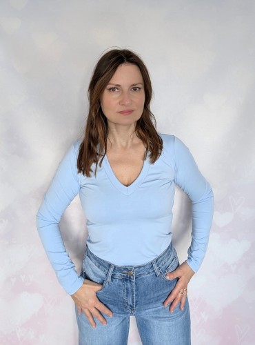 Elegancka bluzka z dekoltem V, pastelowa kolekcja-niebieska