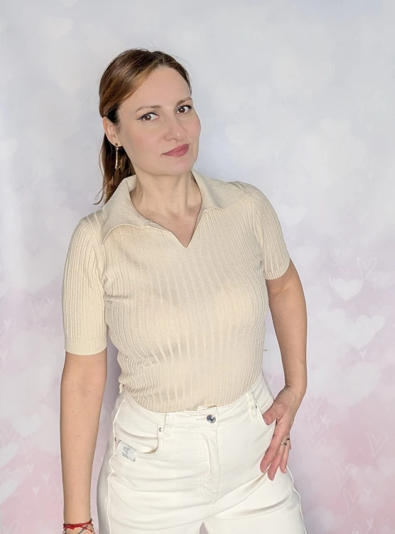 Elegancki prążkowany top z kołnierzykiem S/M beż- luksusowa dzianinowa mieszanka