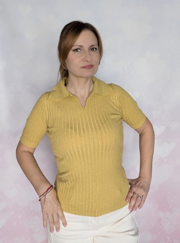 Elegancki prążkowany top z kołnierzykiem S/M żółty melanż- luksusowa dzianinowa mieszanka