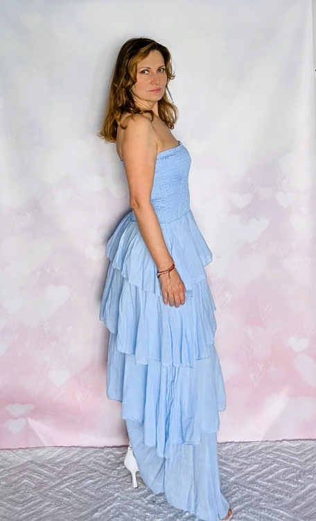Elegancka kaskadowa sukienka maxi niebieska- 100% bawełna