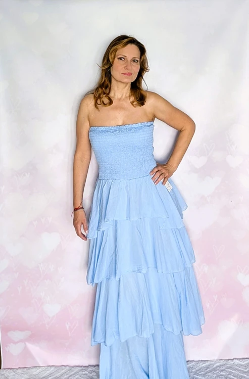 Elegancka kaskadowa sukienka maxi niebieska- 100% bawełna